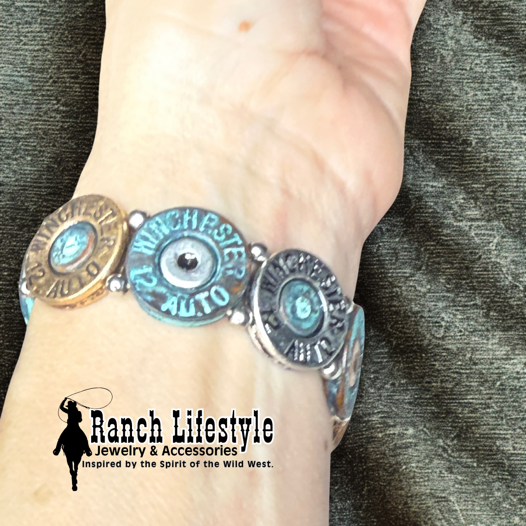 Bracelet with bullet casing design on a wrist, featuring 'Ranch Lifestyle' branding.