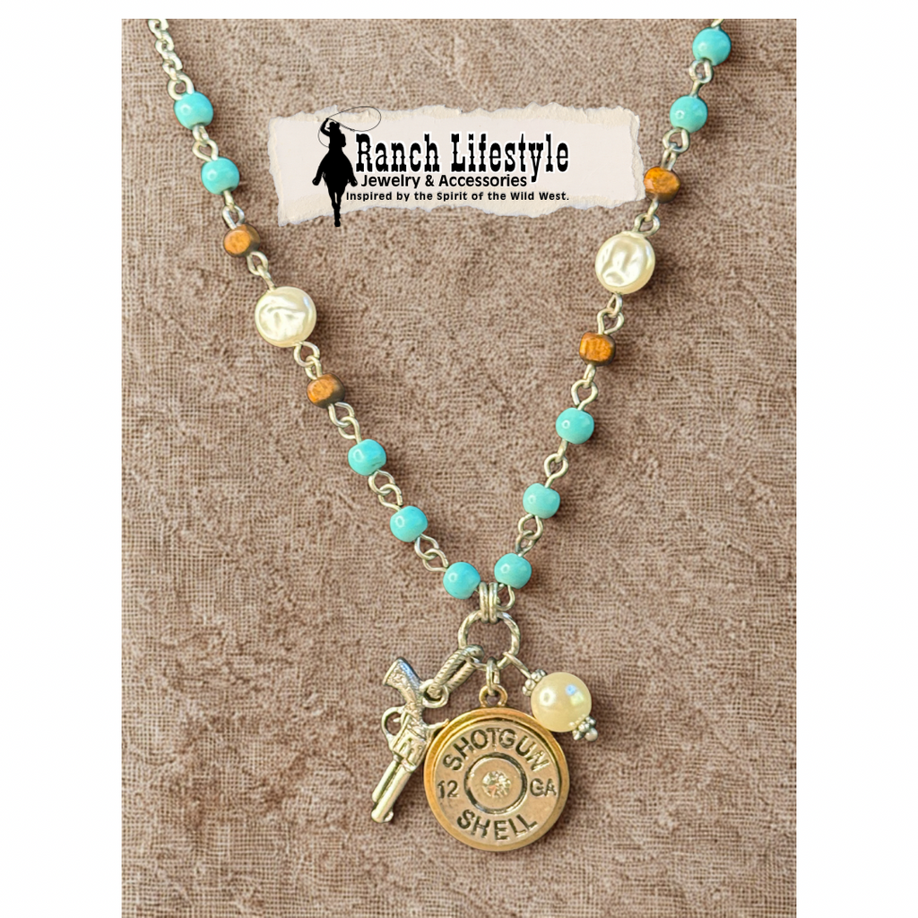 12 Gauge Shotgun Shell Necklace with Turquoise Beads & Pistol Charm | Ranch Lifestyle™ Jewelry