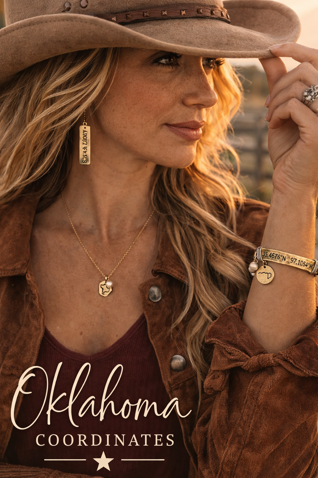 Oklahoma Coordinates Bracelet – Custom Engraved GPS Bangle with Oklahoma Charm & Pearl – Handcrafted Western Jewelry – Ranch Lifestyle™