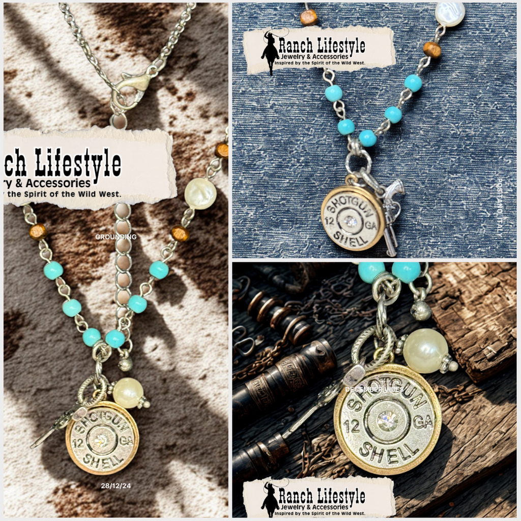 12 Gauge Shotgun Shell Necklace with Turquoise Beads & Pistol Charm | Ranch Lifestyle™ Jewelry