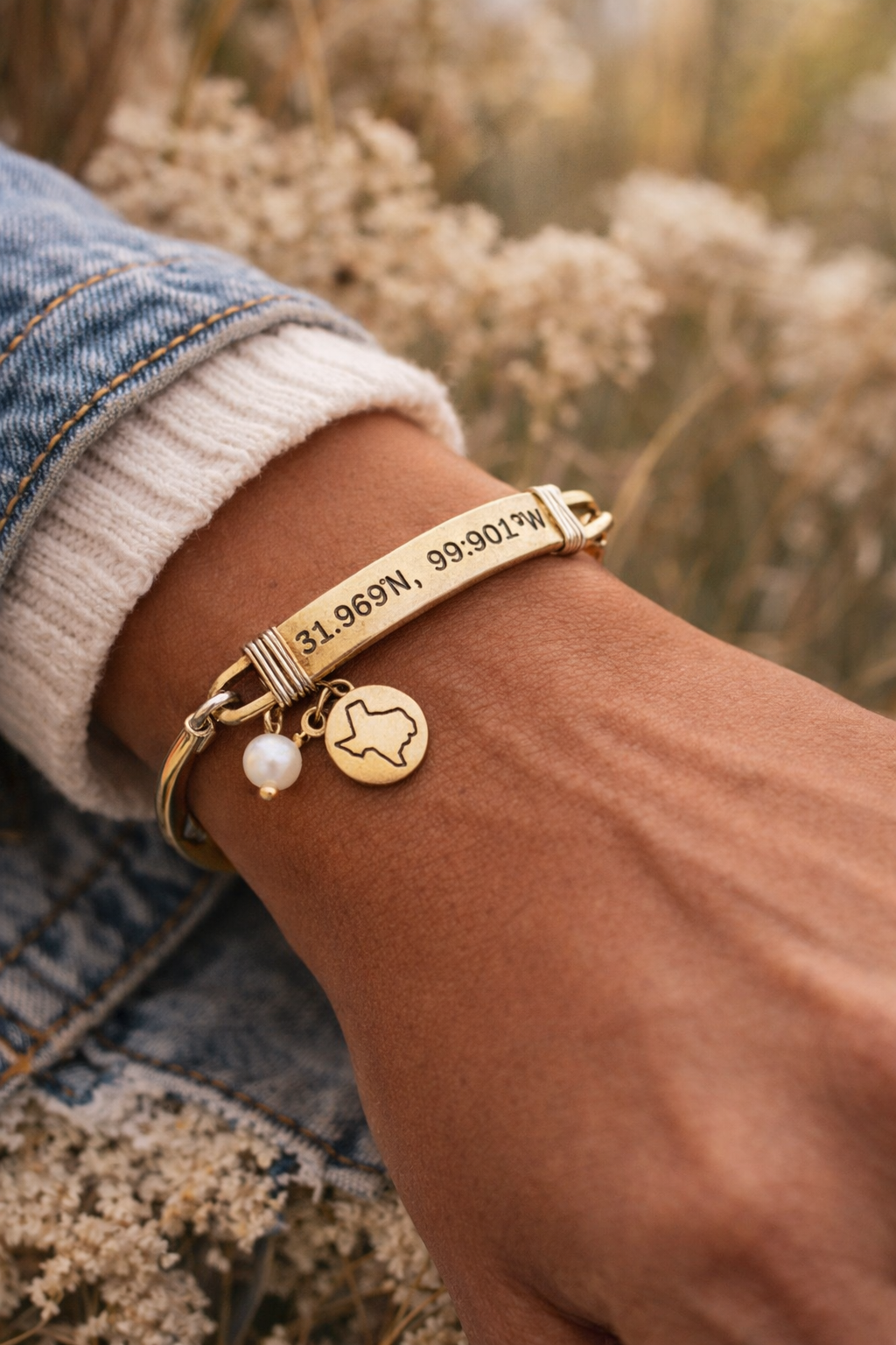 Coordinates Bracelet – Custom Engraved GPS Bangle with Texas Charm & Pearl – Handcrafted Western Jewelry – Ranch Lifestyle