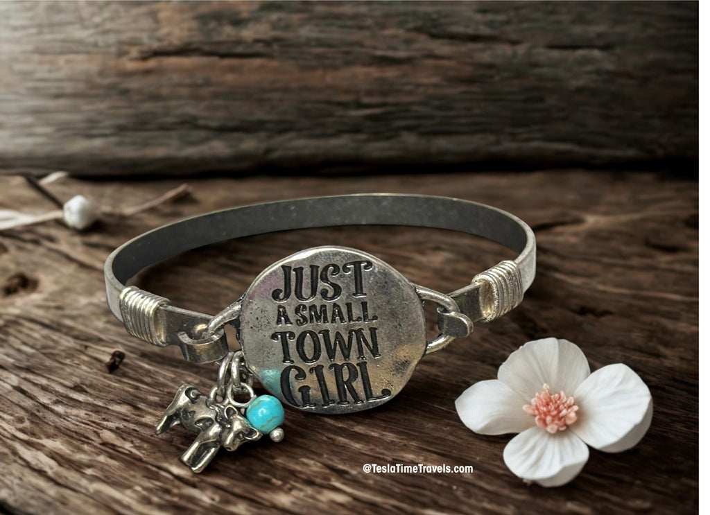 “Just a Small Town Girl” Western Bangle Bracelet with Turquoise Howlite & Western Animal Charm