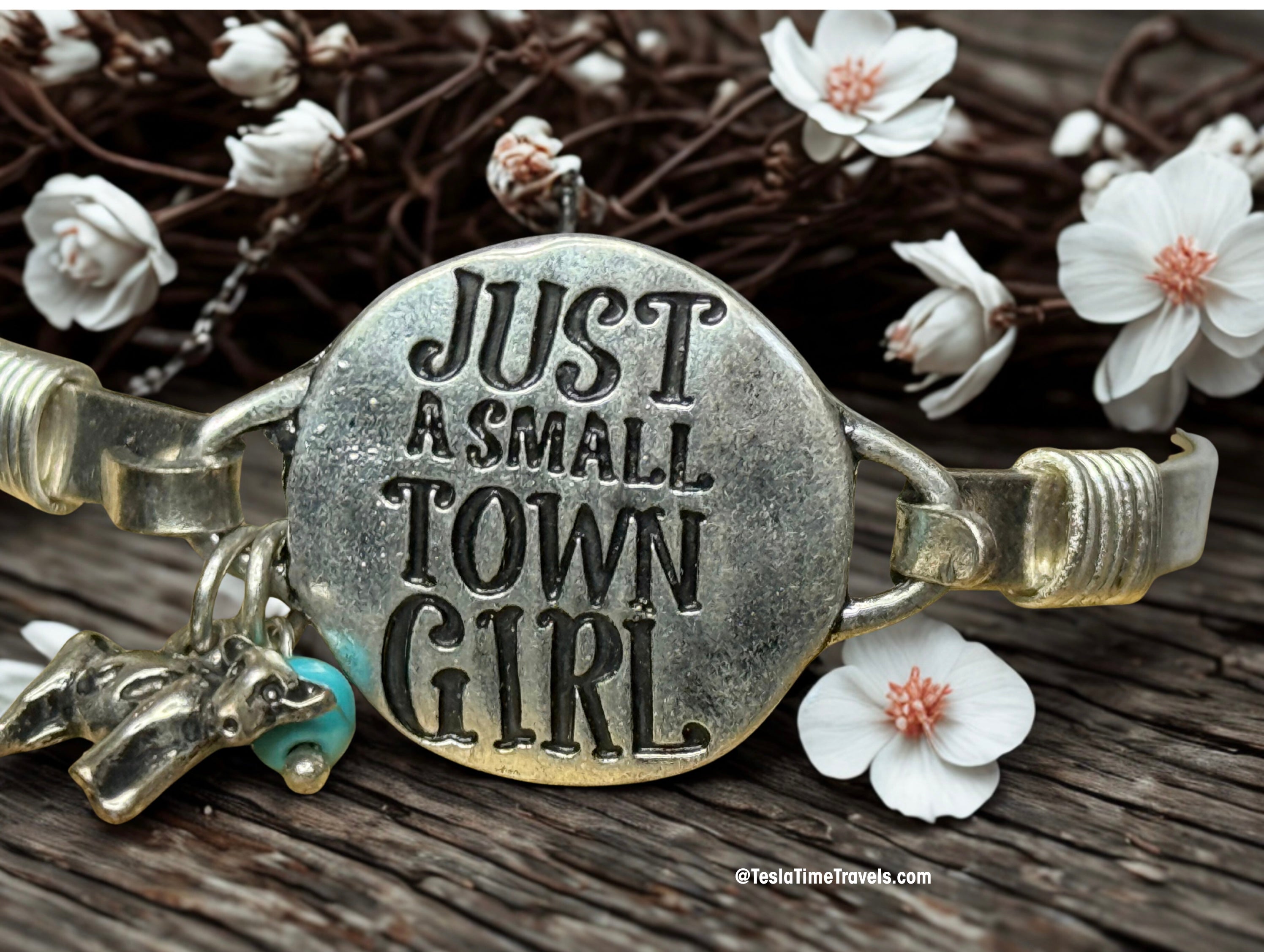 “Just a Small Town Girl” Western Bangle Bracelet with Turquoise Howlite & Western Animal Charm