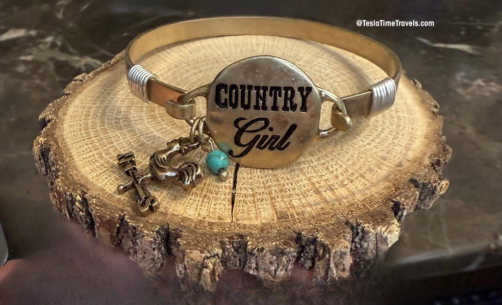 "Country Girl" Hand Stamped Western Bangle Bracelet with Turquoise Howlite & Rooster Charm