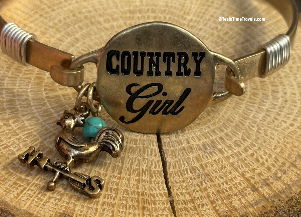 "Country Girl" Hand Stamped Western Bangle Bracelet with Turquoise Howlite & Rooster Charm