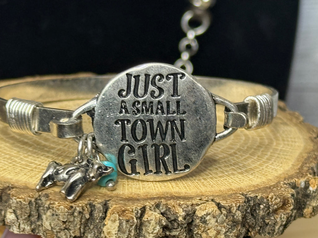“Just a Small Town Girl” Western Bangle Bracelet with Turquoise Howlite & Western Animal Charm