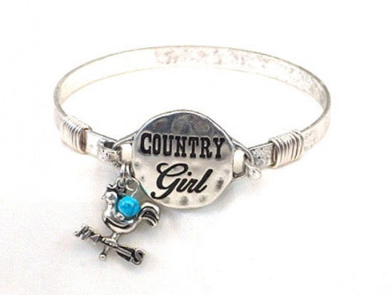 "Country Girl" Hand Stamped Western Bangle Bracelet with Turquoise Howlite & Rooster Charm