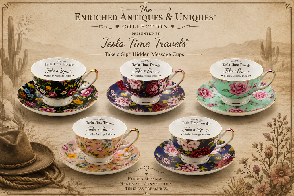 Six floral ceramic hidden message cups with saucers from The Enriched Antiques & Uniques Tesla Time Travels Collection, displayed on a vintage-style western-themed background with a cowboy hat, boots, and desert scenery.