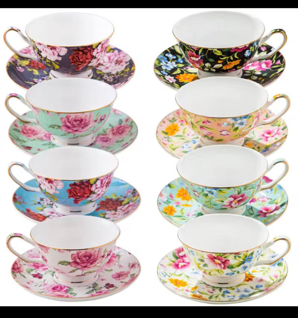 Eight floral teacups and saucers arranged in two columns on a white background, each set with a different colorful floral print and gold trim.