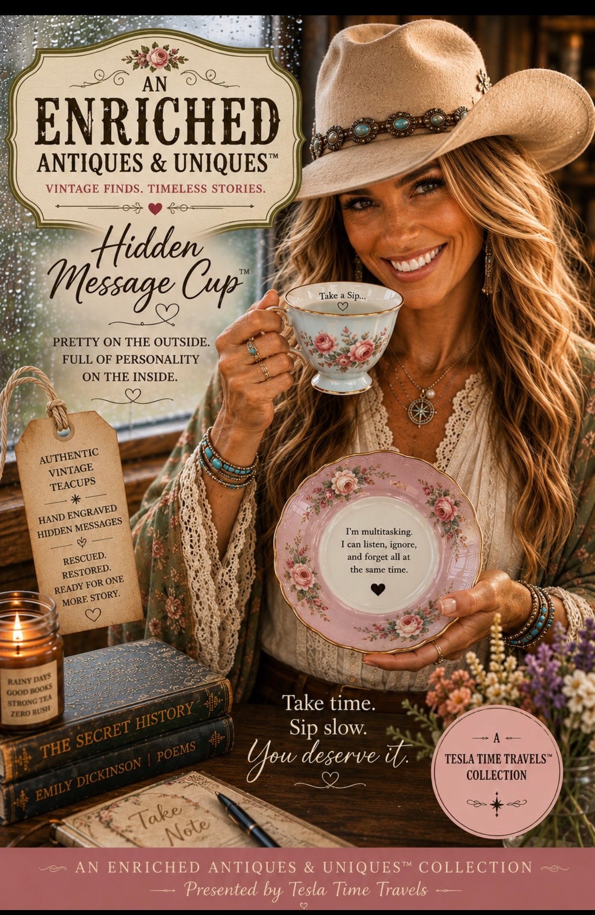 A smiling woman in a cowboy hat holds a floral teacup and matching plate in a rustic indoor setting. The image includes large promotional text for 'An Enriched Antiques & Uniques Hidden Message Cup' and 'Tesla Time Travels Collection,' with decorative vintage props and flowers around her.