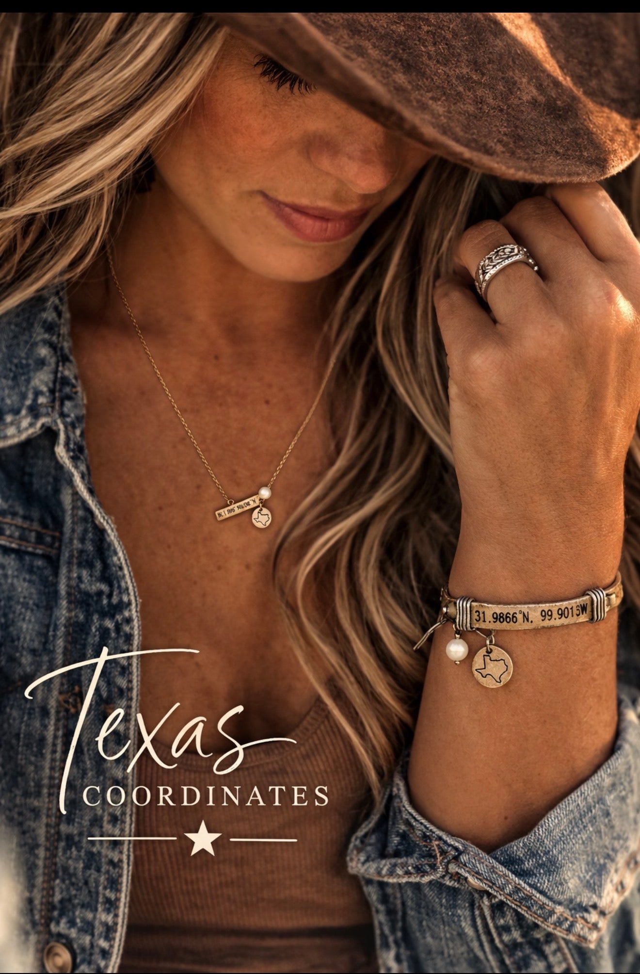 Woman wearing a cowboy hat, denim jacket, and jewelry with 'Texas Coordinates' branding.