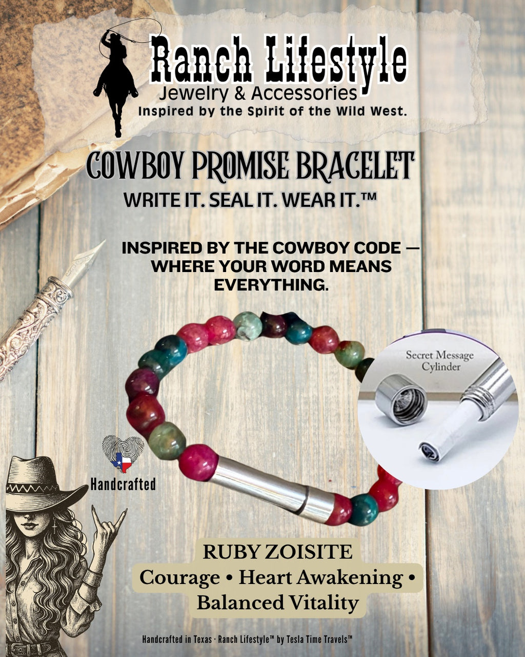 Ruby zoisite Cowboy Promise Bracelet with hidden message cylinder