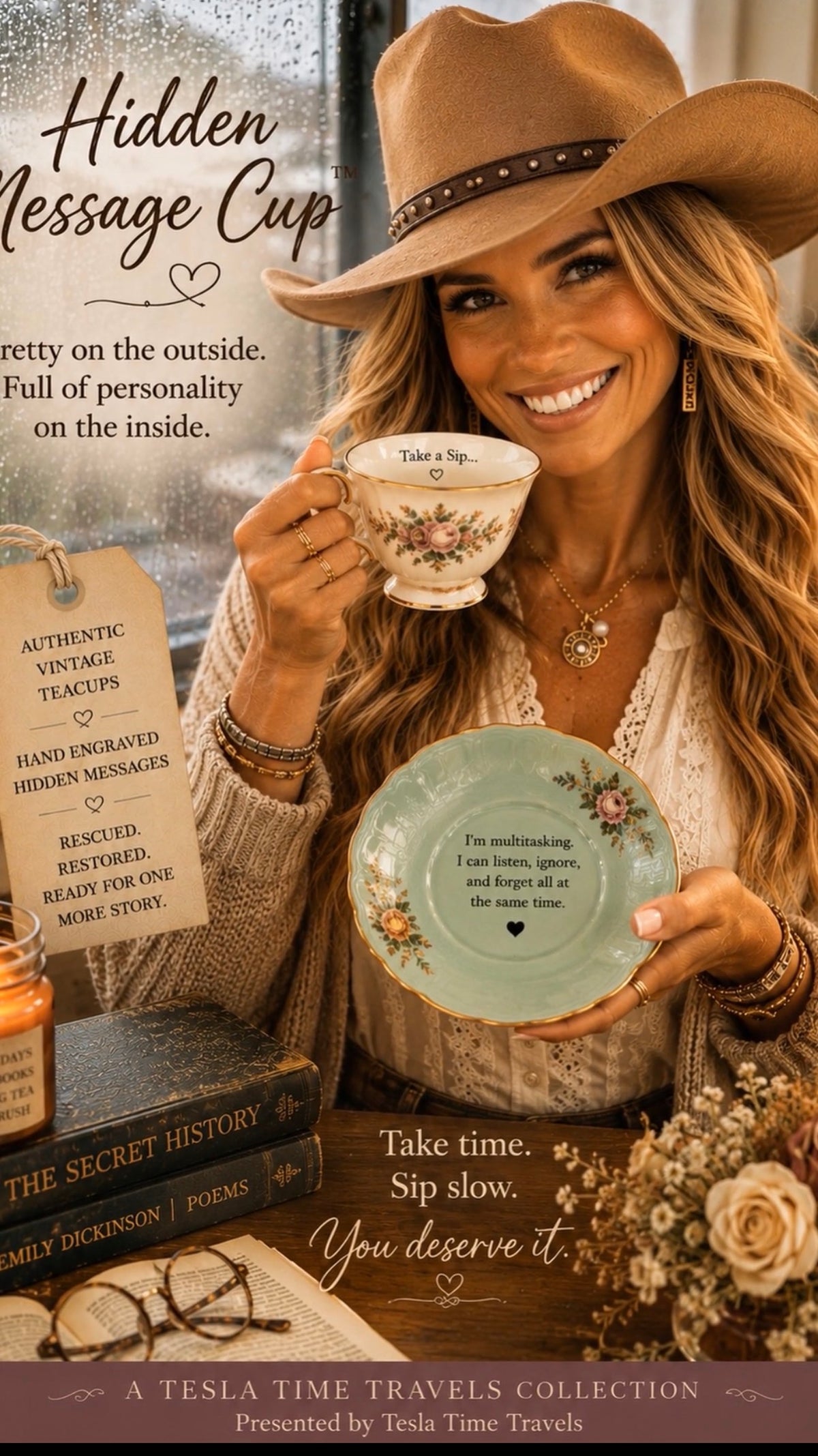 A smiling woman in a cowboy hat holds a floral teacup and a round matching cup with a quote, set in a rustic styled scene with books, flowers, and promotional text for a hidden message cup.